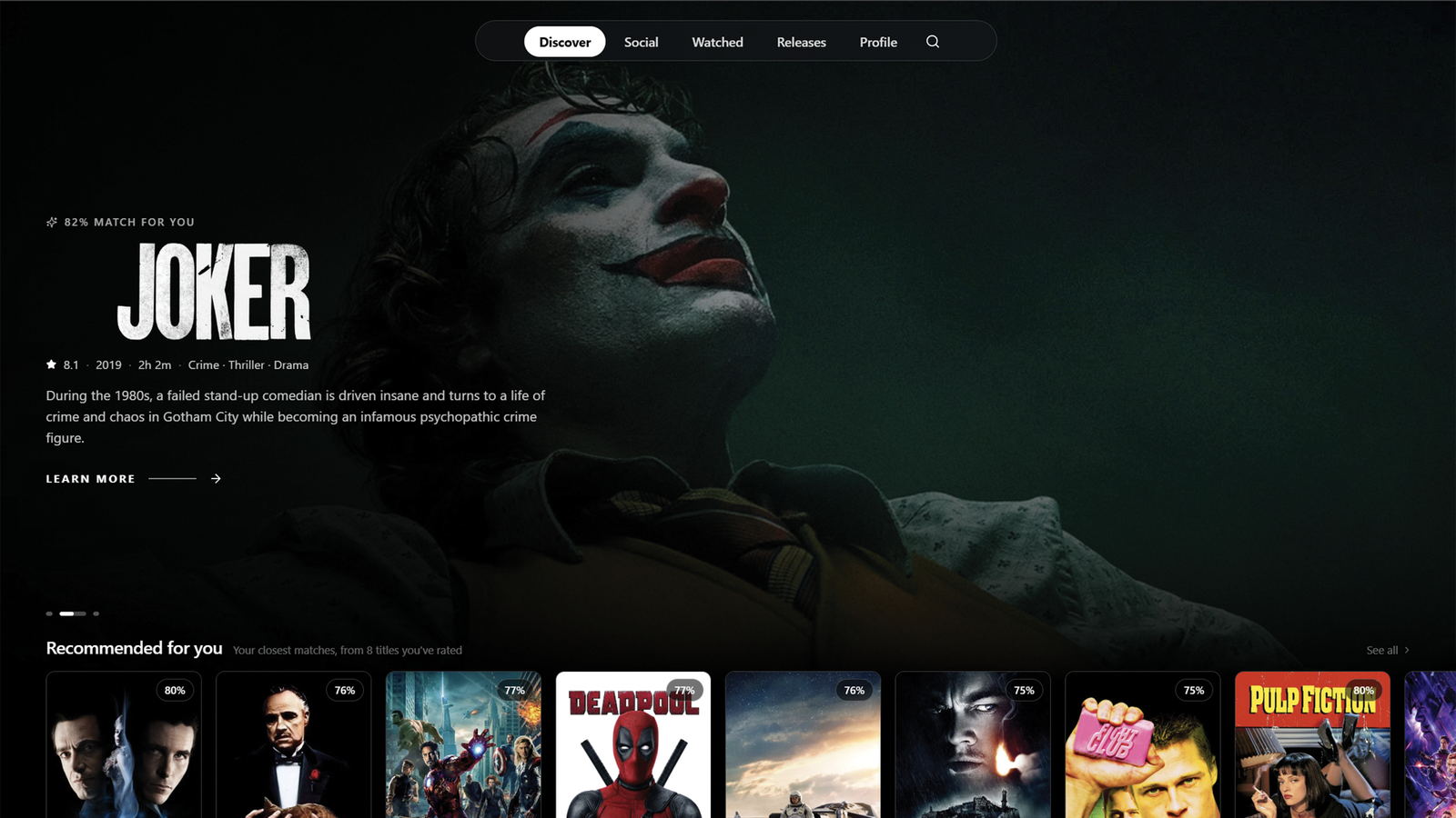 Popcorn's Discover screen — a featured film filling the width with its match score, and a row of recommendations beneath it