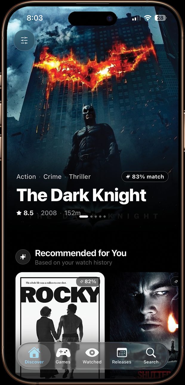 Popcorn on iPhone — the Discover screen